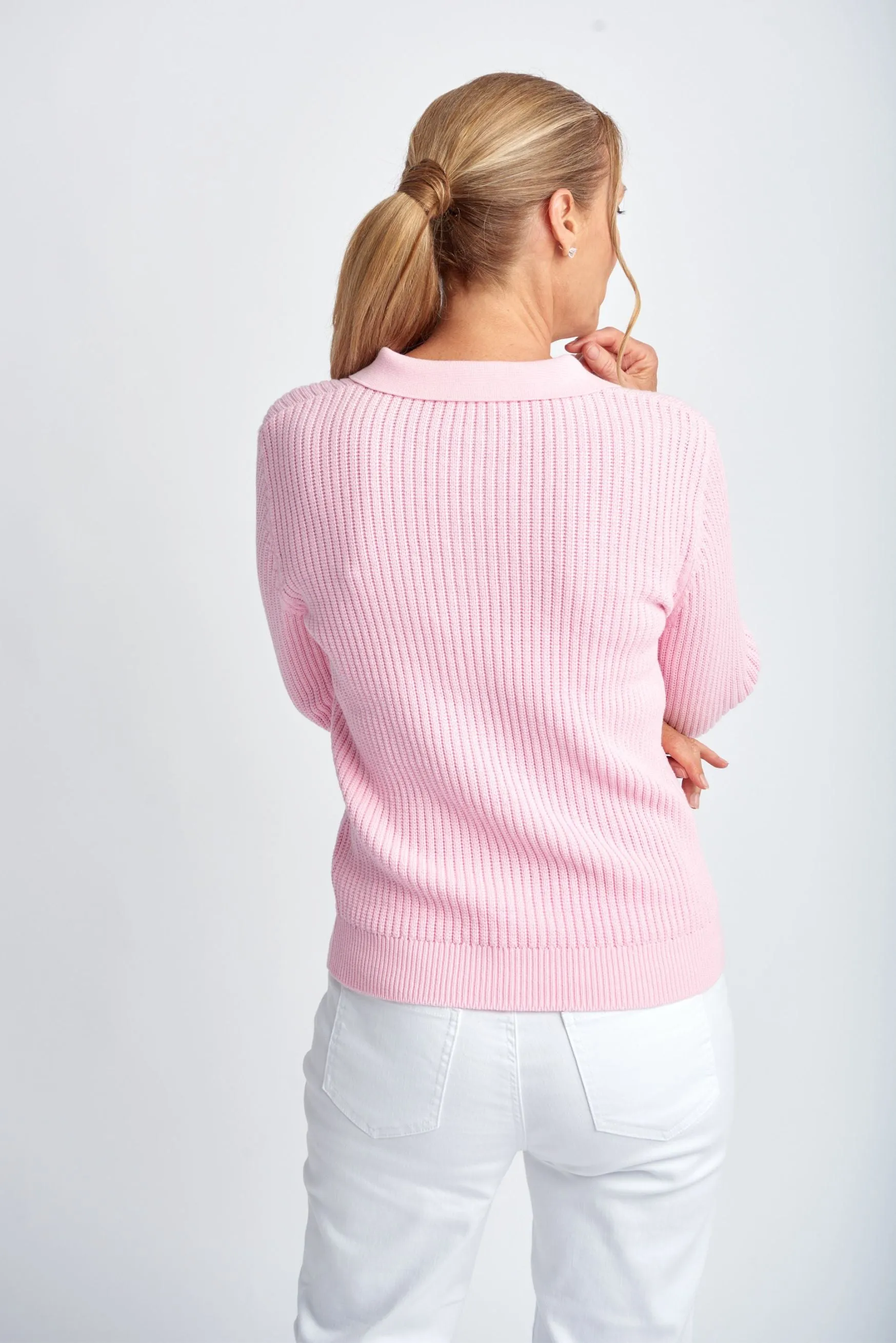 Cotton 3/4 Sleeve Collared Knit Pale Pink