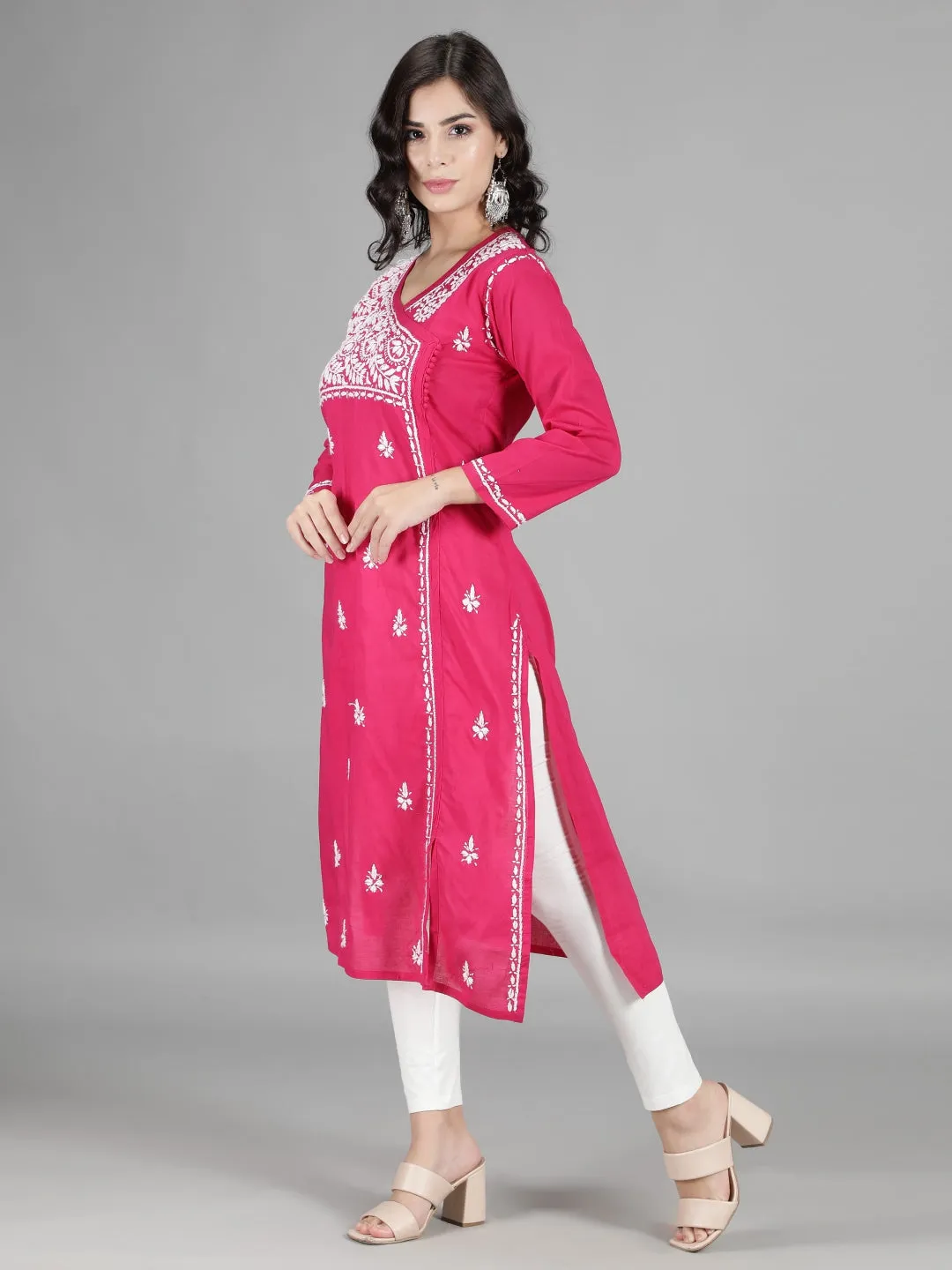 Hand Embroidered Magenta Chikankari Kurta