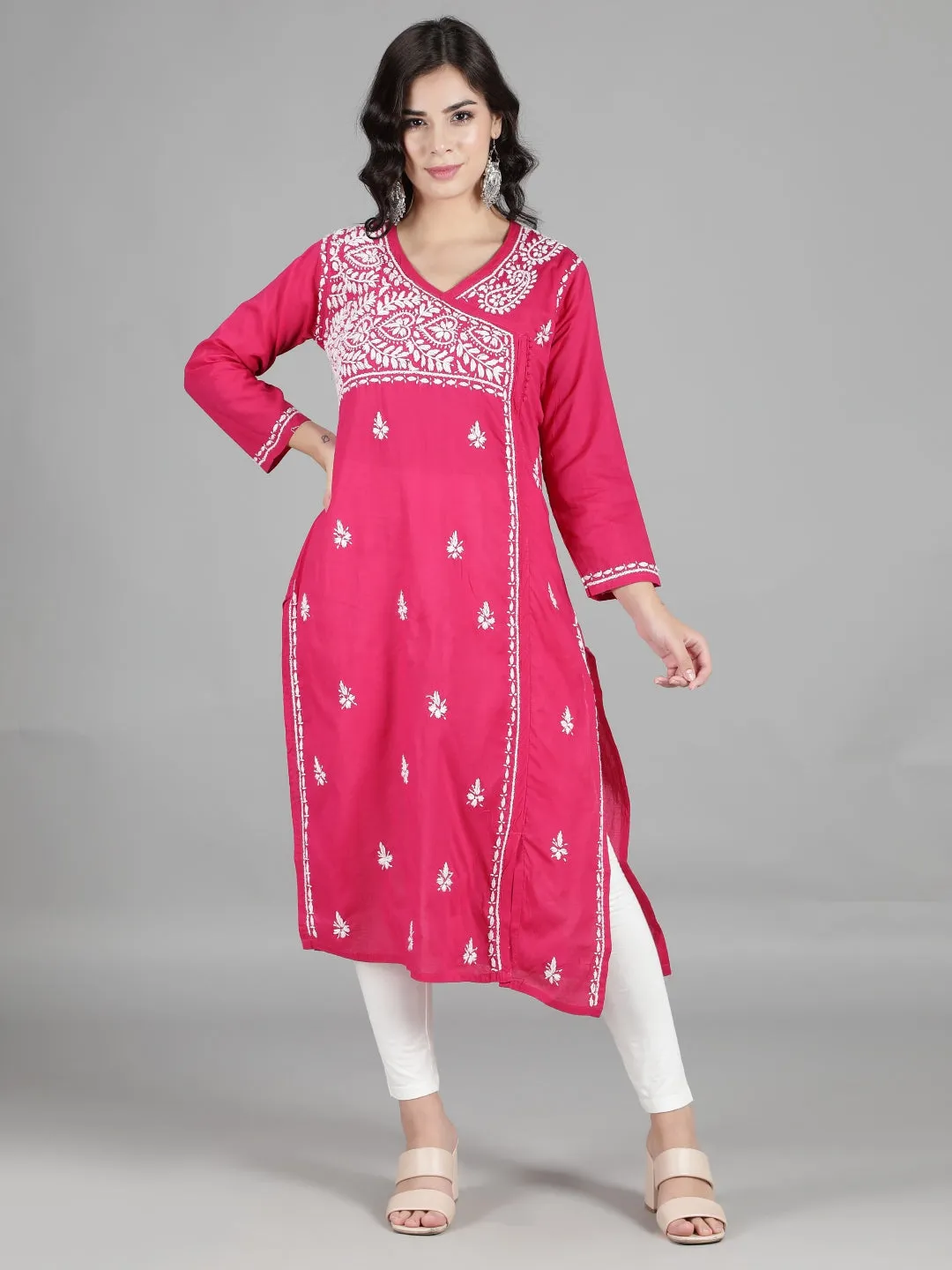 Hand Embroidered Magenta Chikankari Kurta