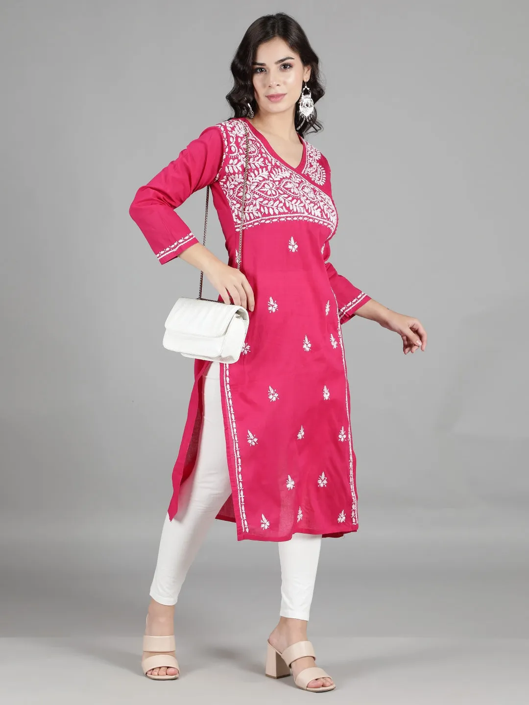 Hand Embroidered Magenta Chikankari Kurta