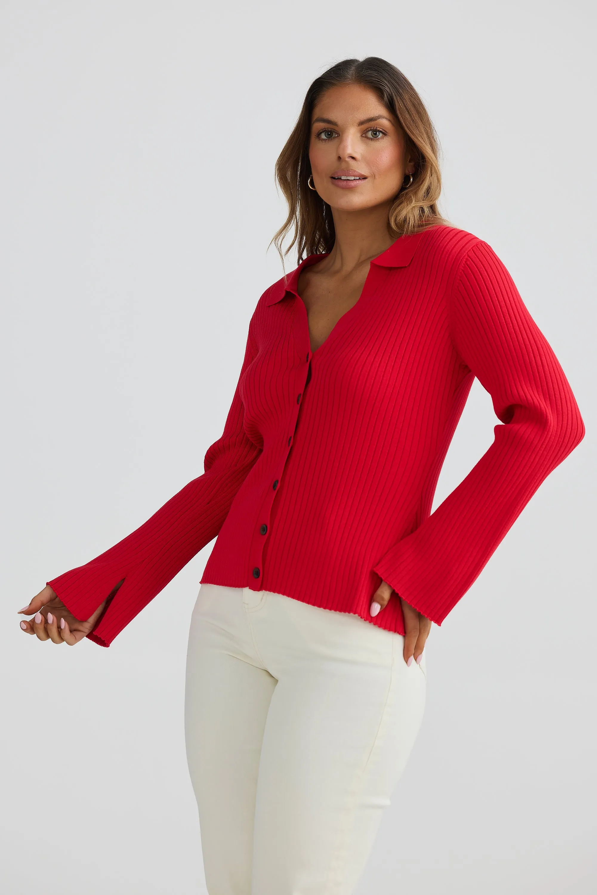 Long Sleeve Tapered Cardigan - Scarlet