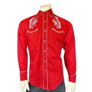 Men's Red Gabardine Warbonnet Embroidered Western Shirt