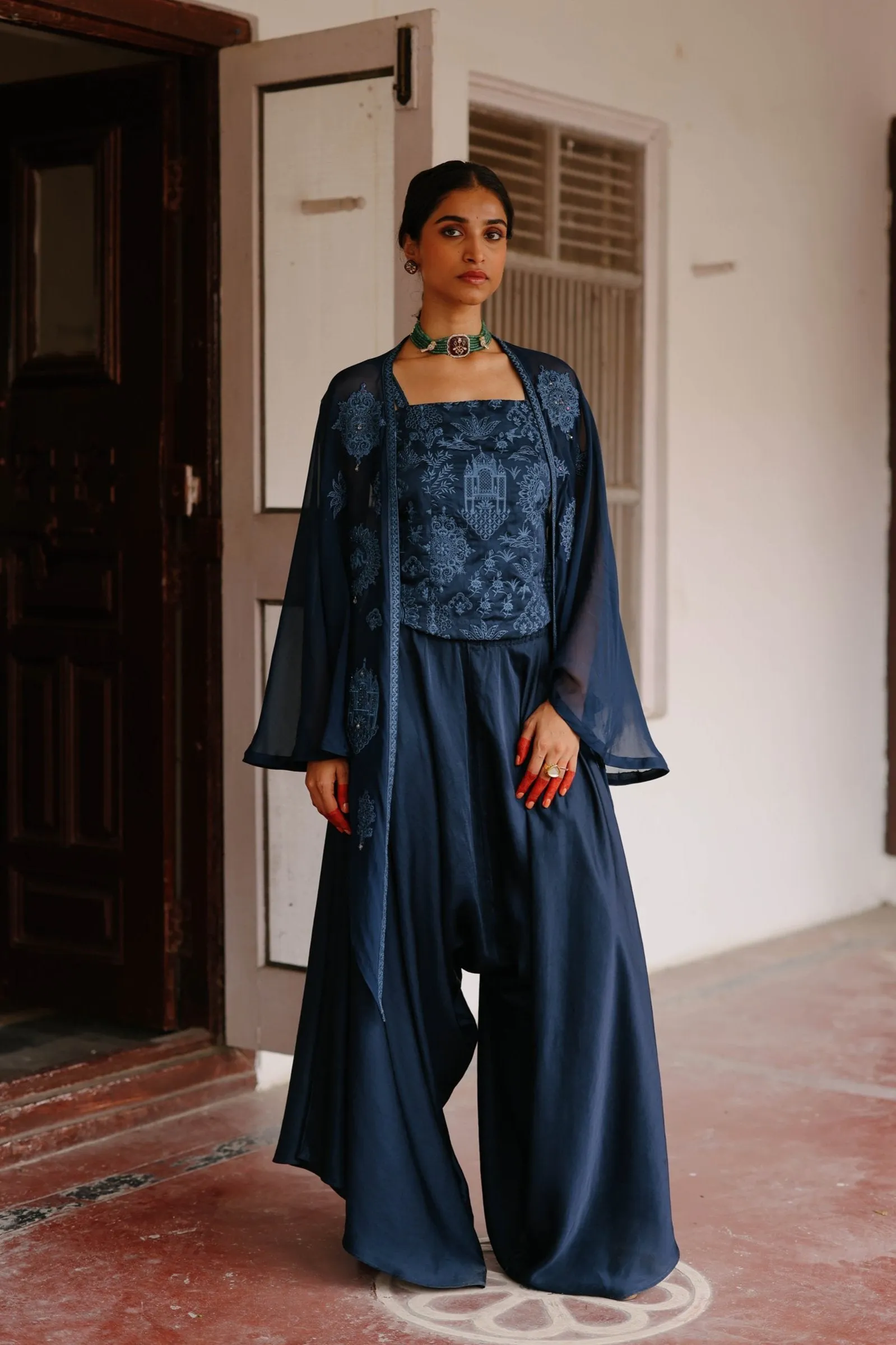 Navy Blue Embroidered Patchwork Cape Set