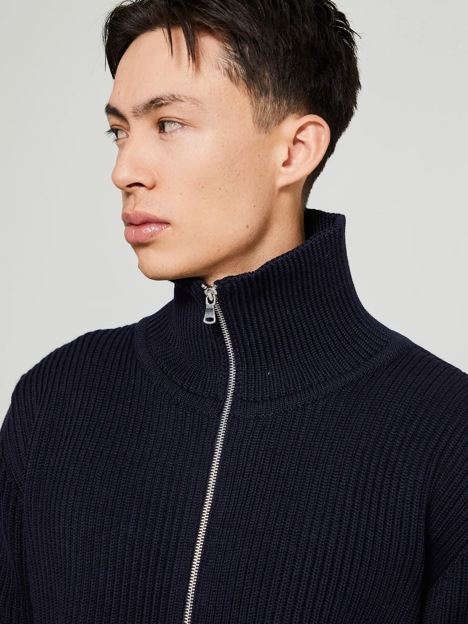 Navy Full Zip Pockets Knitwear in Navy Blue