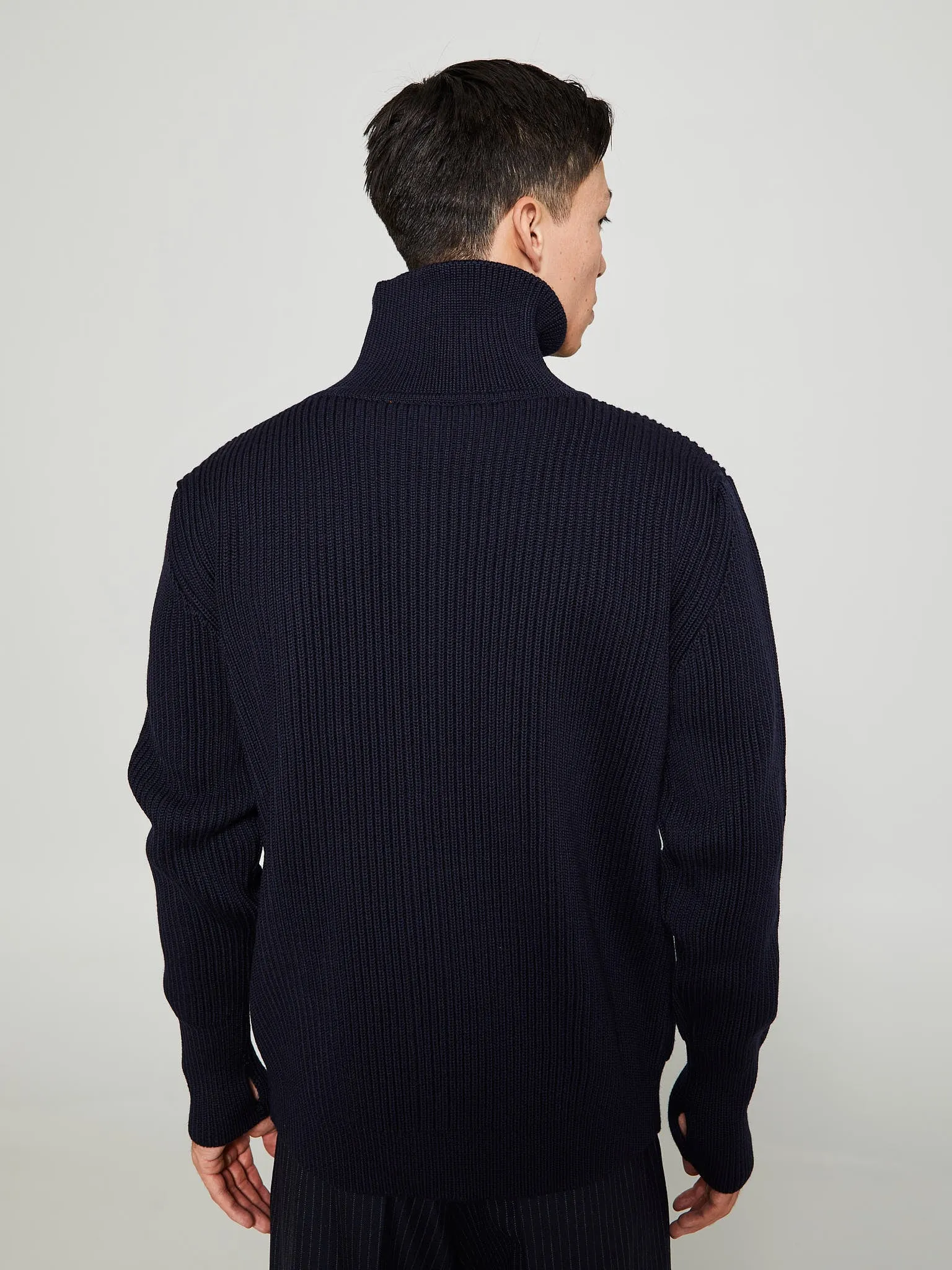 Navy Full Zip Pockets Knitwear in Navy Blue
