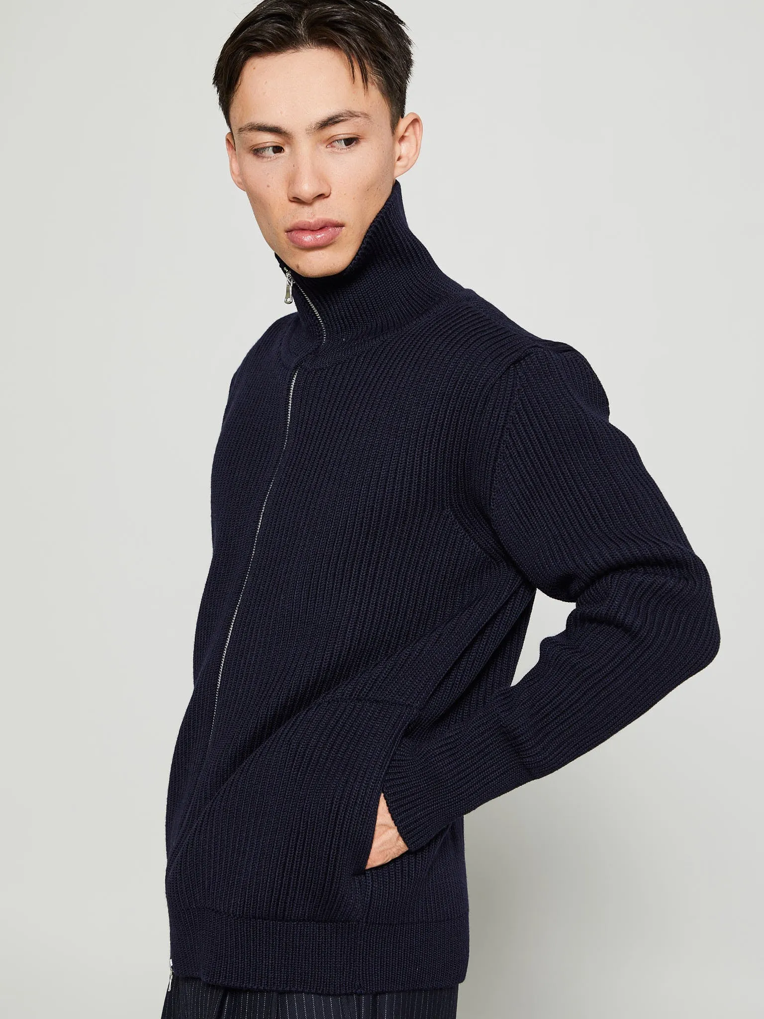 Navy Full Zip Pockets Knitwear in Navy Blue