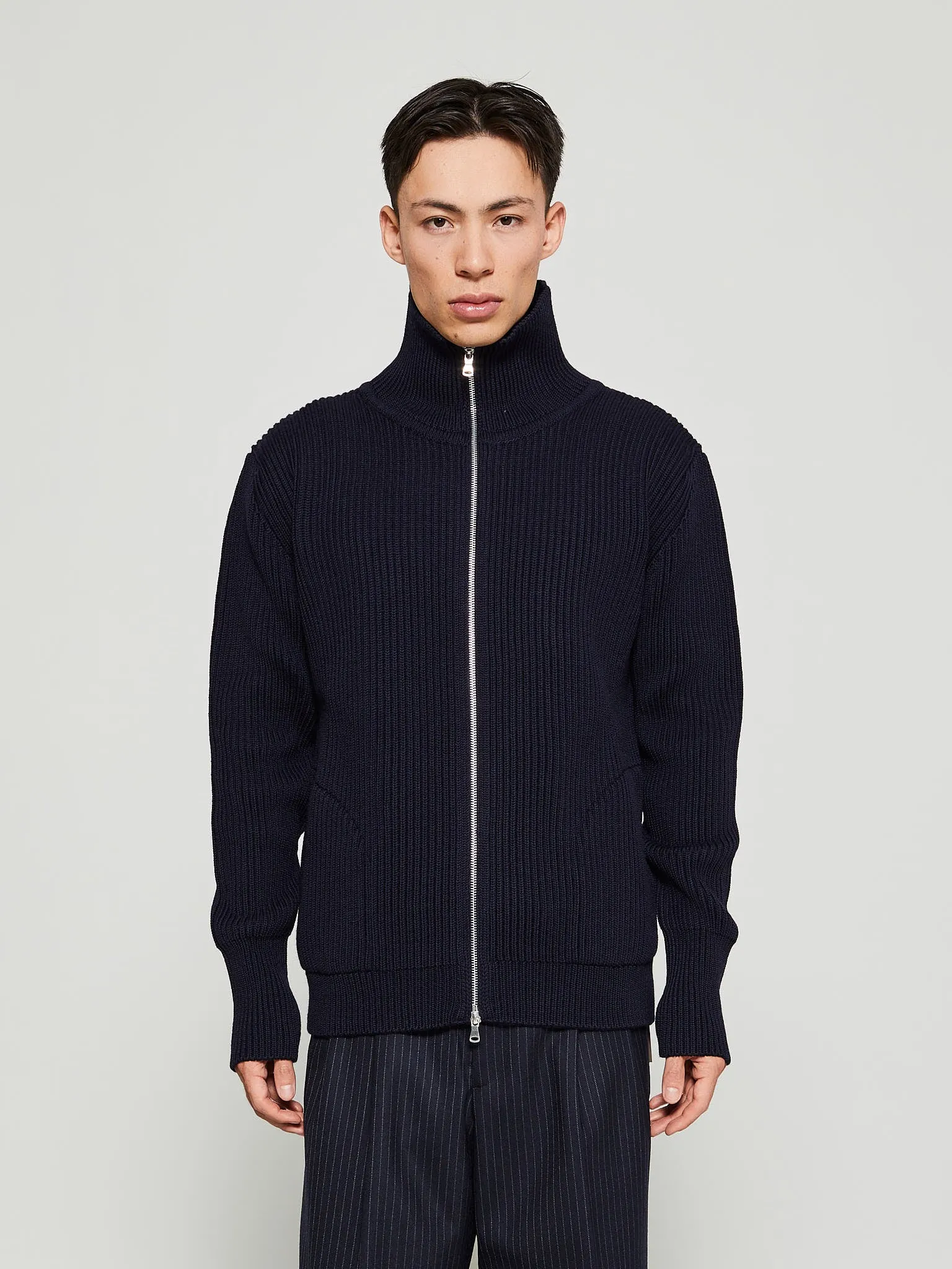Navy Full Zip Pockets Knitwear in Navy Blue
