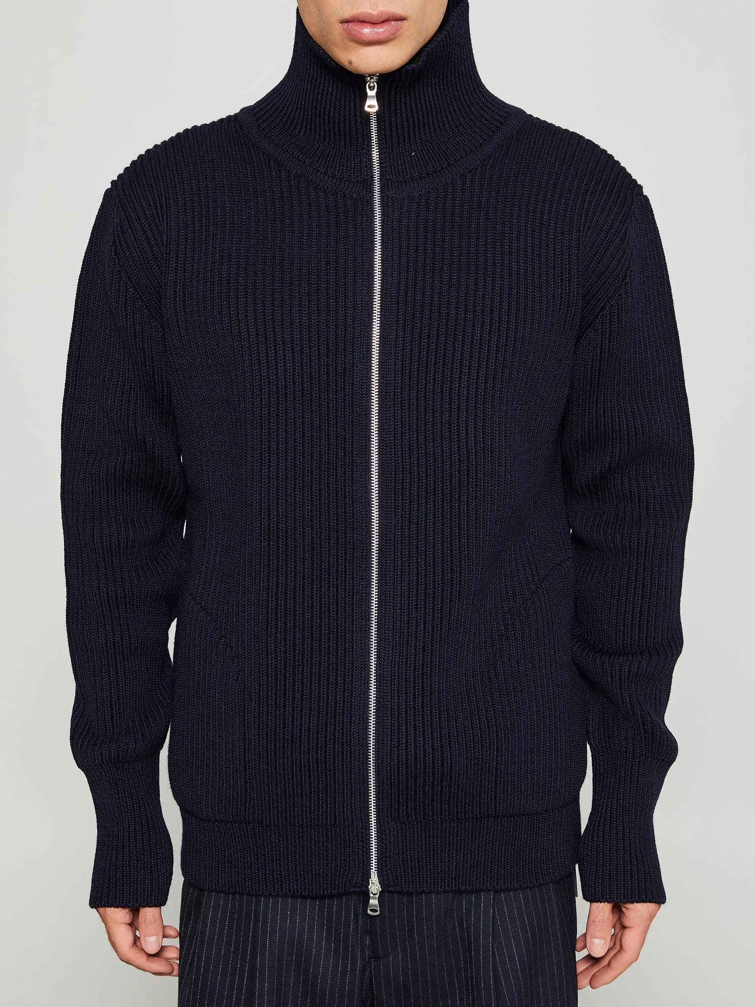 Navy Full Zip Pockets Knitwear in Navy Blue
