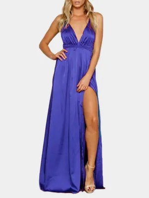 Wholesale Deep V Neck Sleeveless Backless Lace-Up Slit Hem Dresses