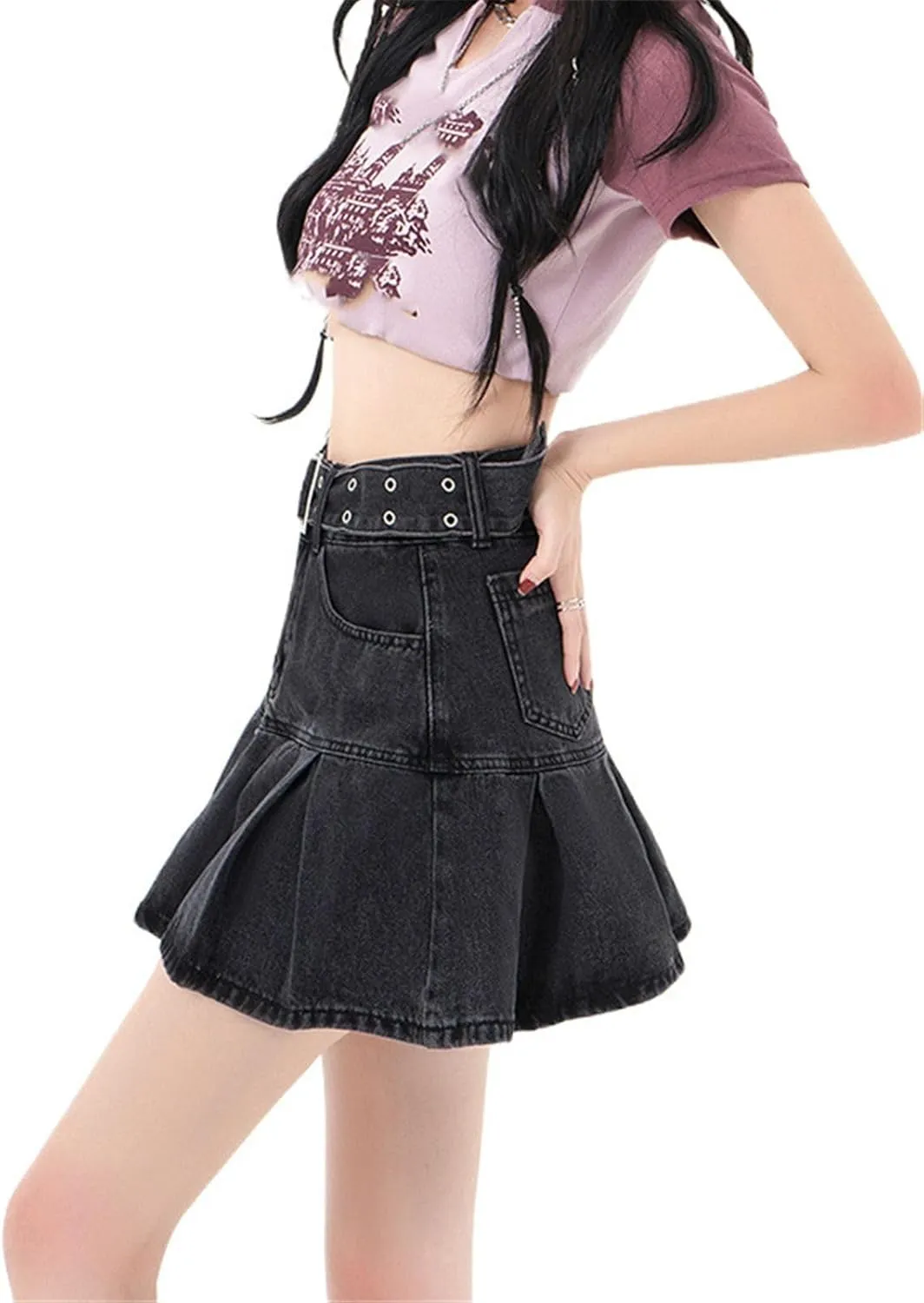 Women's Skirt Female's American Retro Denim with Pleats Mini Skirts