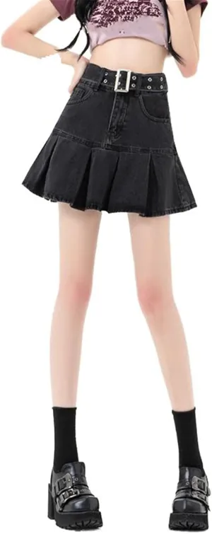 Women's Skirt Female's American Retro Denim with Pleats Mini Skirts